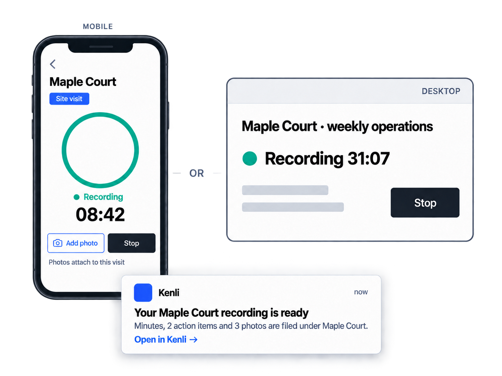 Record on the phone or on the desktop; either way the recording is filed under Maple Court and the minutes arrive by email
