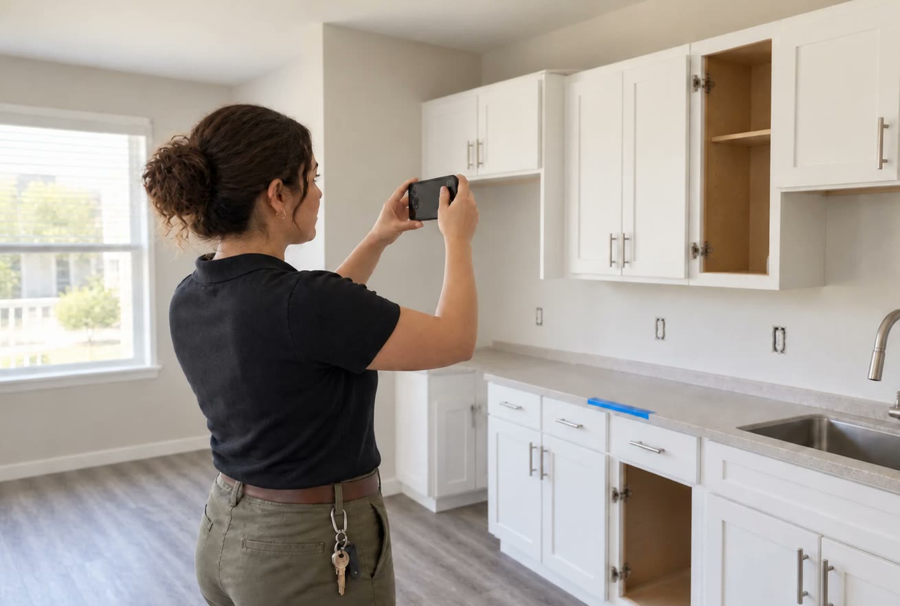 A property manager photographing the kitchen of a vacant unit with her phone