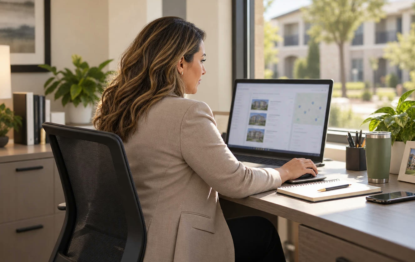 A regional manager at her desk reviewing her properties on a laptop