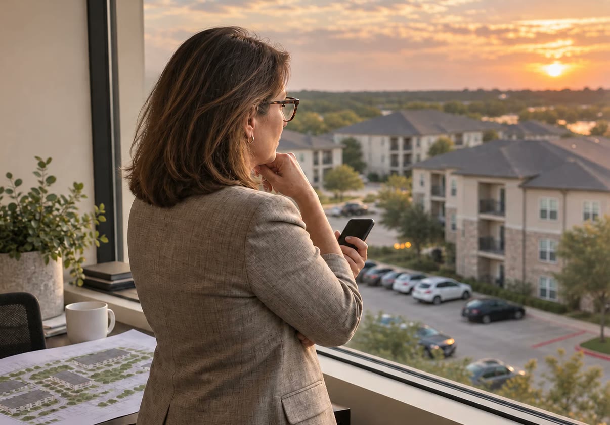 An operations executive at an office window looking out over one of the company’s properties