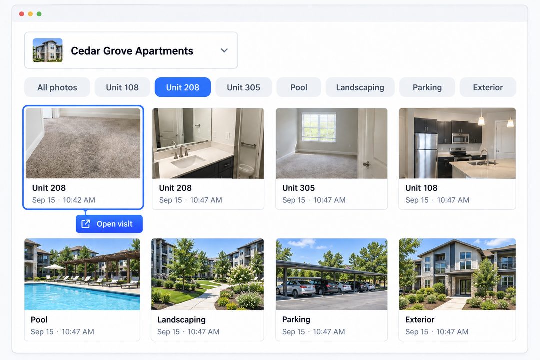 Conceptual Kenli photo view for fictional Cedar Grove Apartments, showing multiple unit and area filters, timestamped photos, and a link back to the original visit.