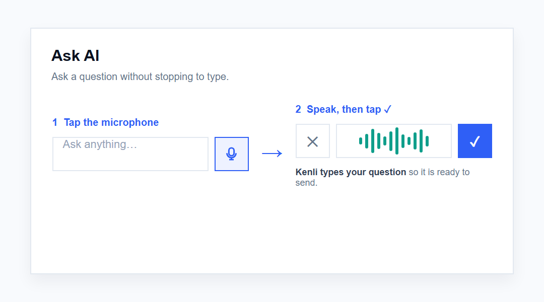 Kenli Ask AI input showing the microphone button and live voice waveform