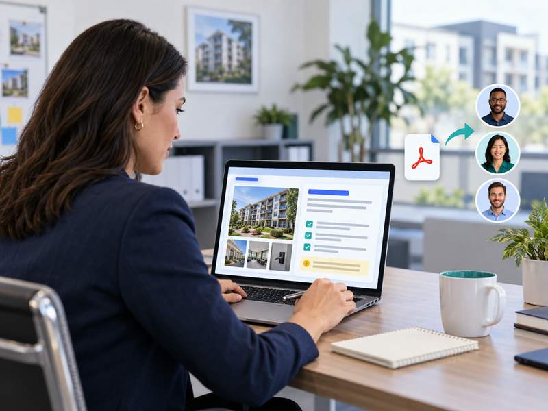 A Regional Manager reviews a property report on her computer before sharing the PDF with her team.
