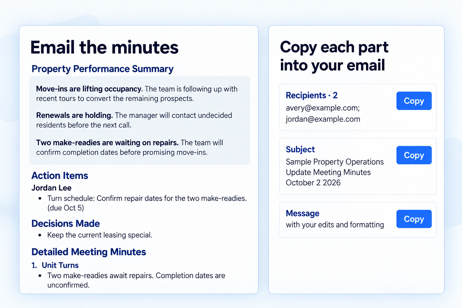 Structured minutes email and Copy controls for Recipients, Subject and Message.