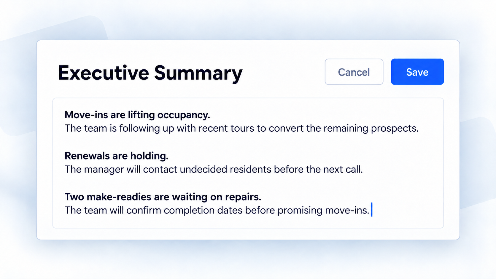 Executive Summary editor with Cancel and Save controls.